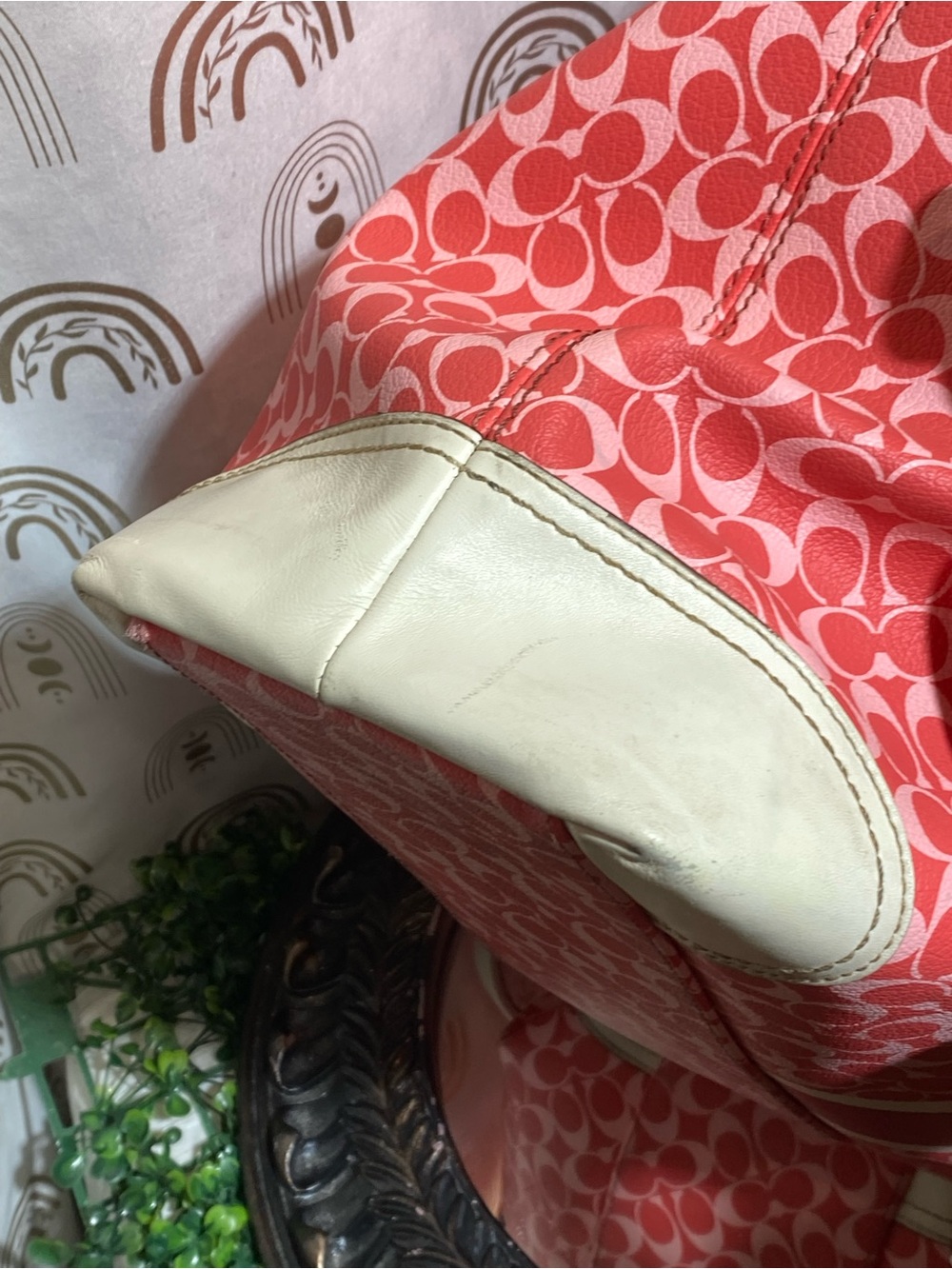 Coach Coral Pink Signature Stripe Tote with White Trim diaper bag - Picture 7 of 16